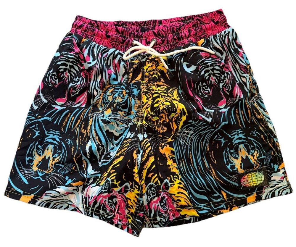 SLUNKS Men's LARGE Lined Volleyball Athletic Shorts Tiger Print
